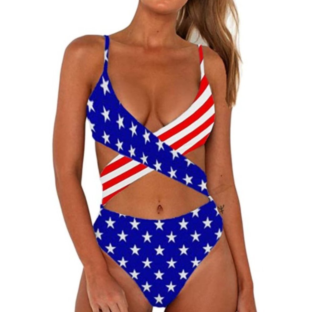 Women's Red White Blue Criss Cross High Waist Cut Out 1 Piece Monokini Swimwear